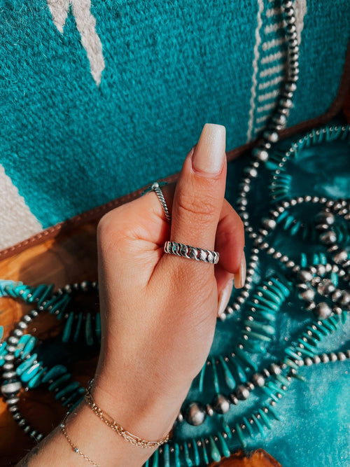 Cuban Sterling Stacker Ring - Cowhide and Conchos