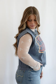 Cute Mesh Bow High Neck Design Long Sleeve Fitted Top - Black & Off White - Cowhide and Conchos