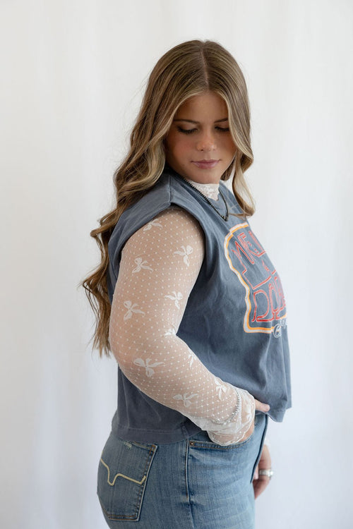 Cute Mesh Bow High Neck Design Long Sleeve Fitted Top - Black & Off White - Cowhide and Conchos