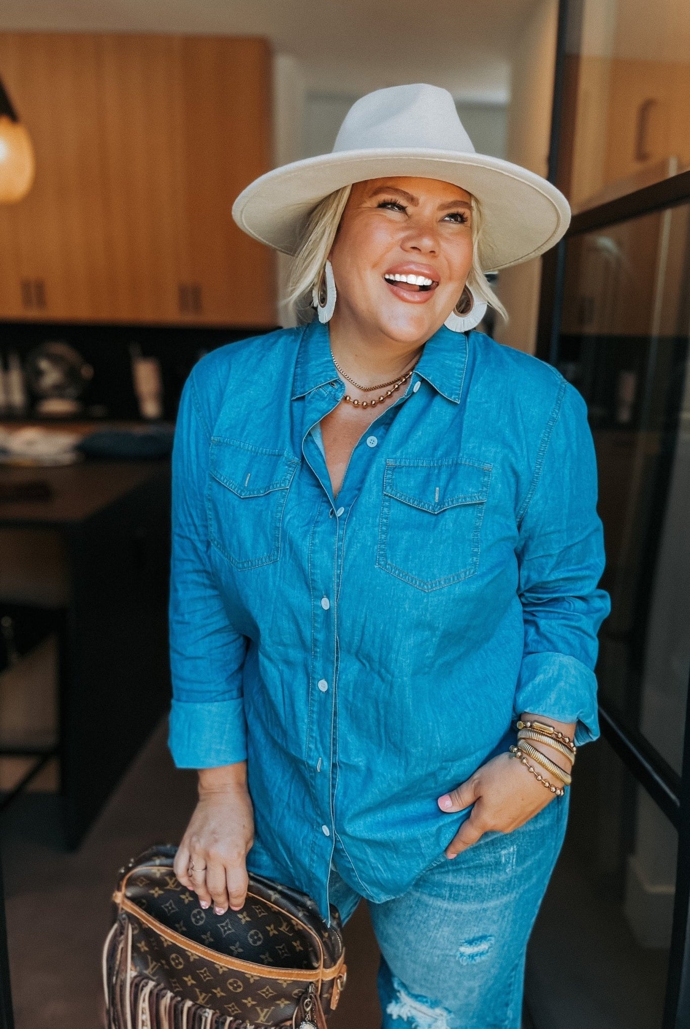 Dakota Denim Top - Cowhide and Conchos