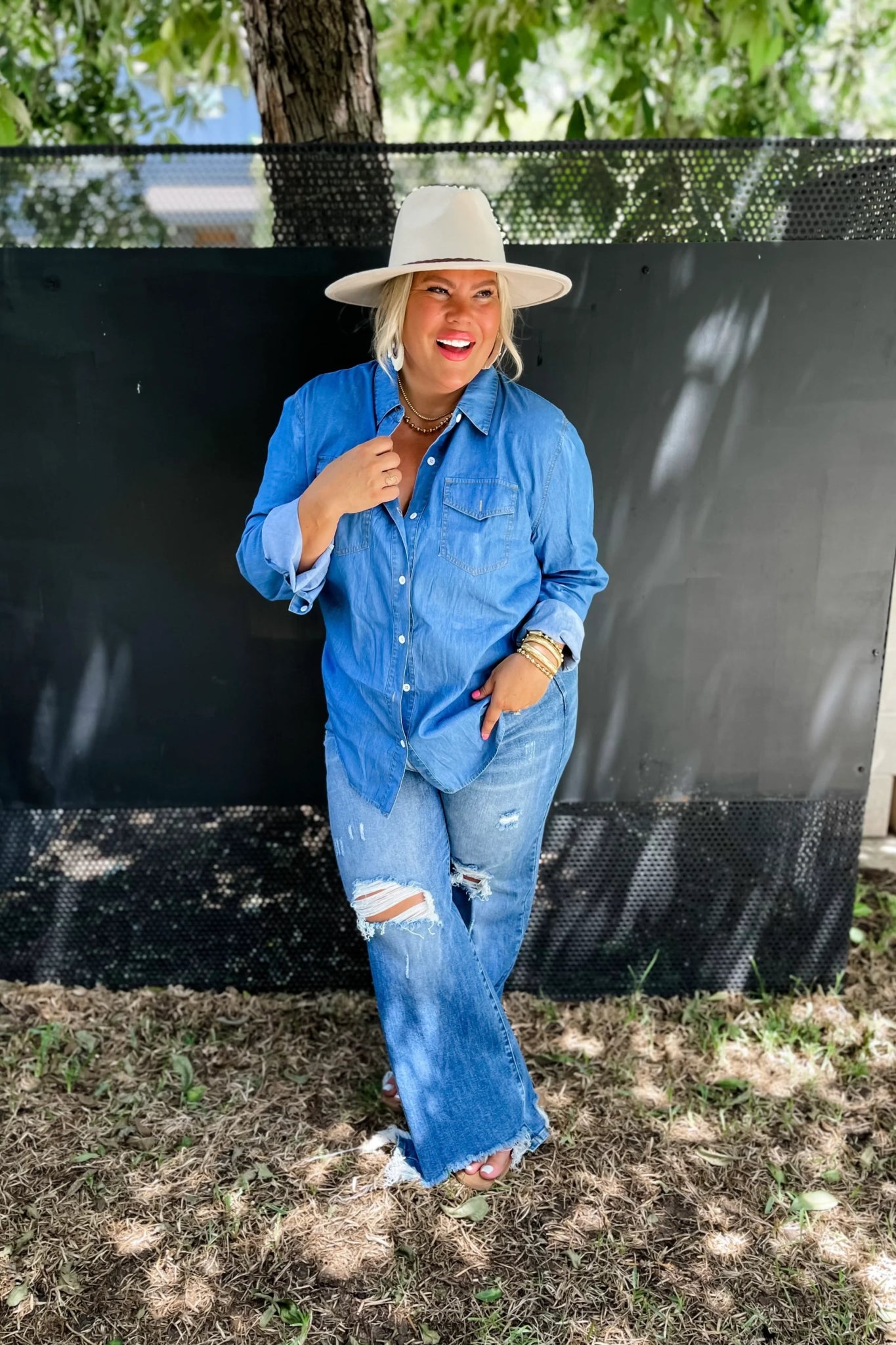 Dakota Denim Top - Cowhide and Conchos