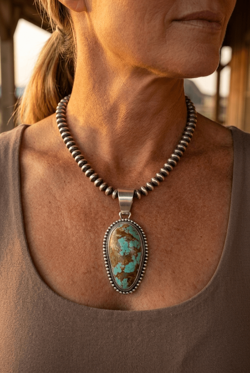 Daniel Benally Navajo Sterling Silver Pendant with 8 Mine Turquoise — 2 1/4" × 1" (Hallmark) - Cowhide and Conchos