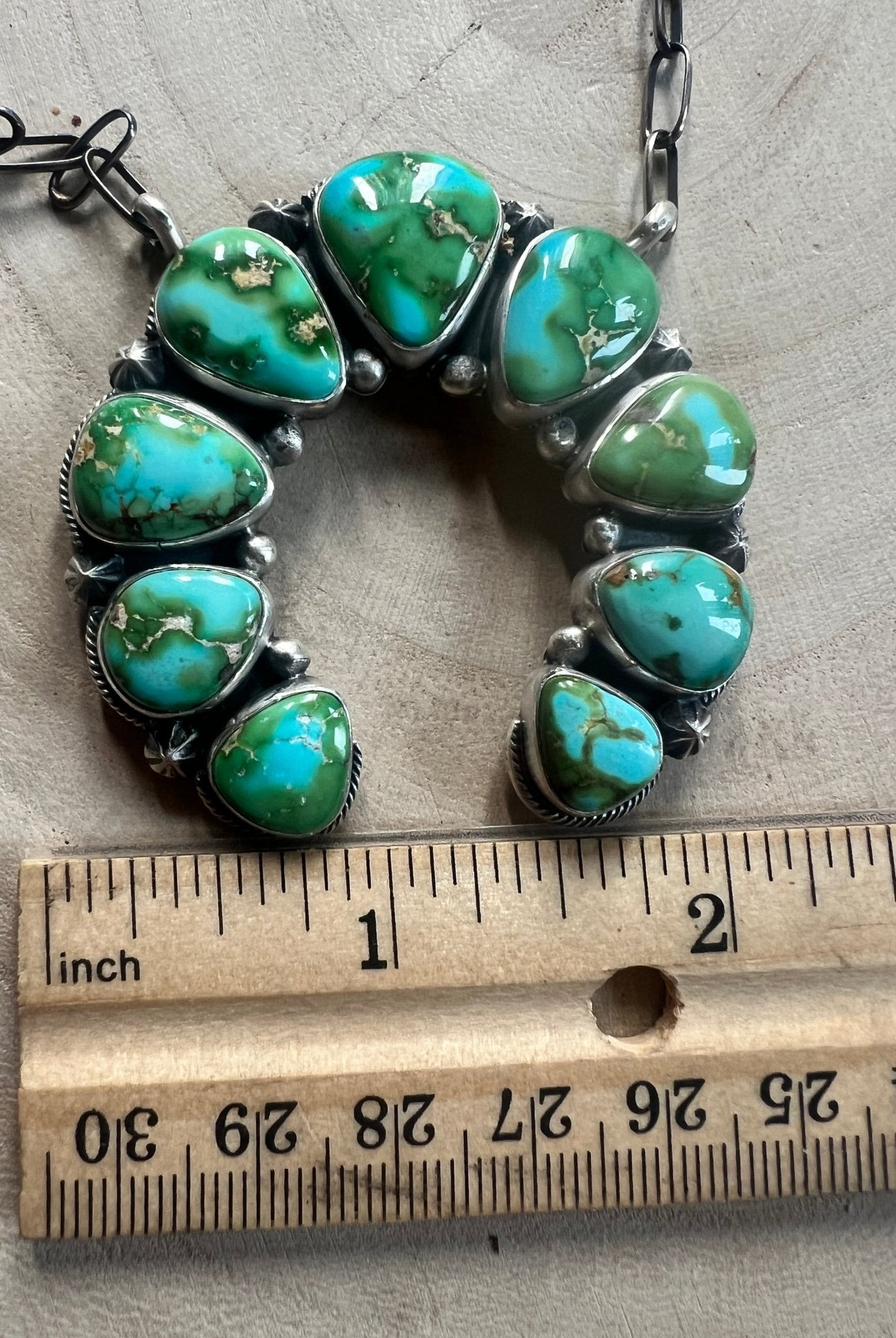 Darrin Livingston Navajo Naja Pendant Sterling Silver Necklace — 18" Chain with Sonoran Mountain Turquoise (2" × 2" Naja, Hallmarked, Heirloom Flagship) - Cowhide and Conchos