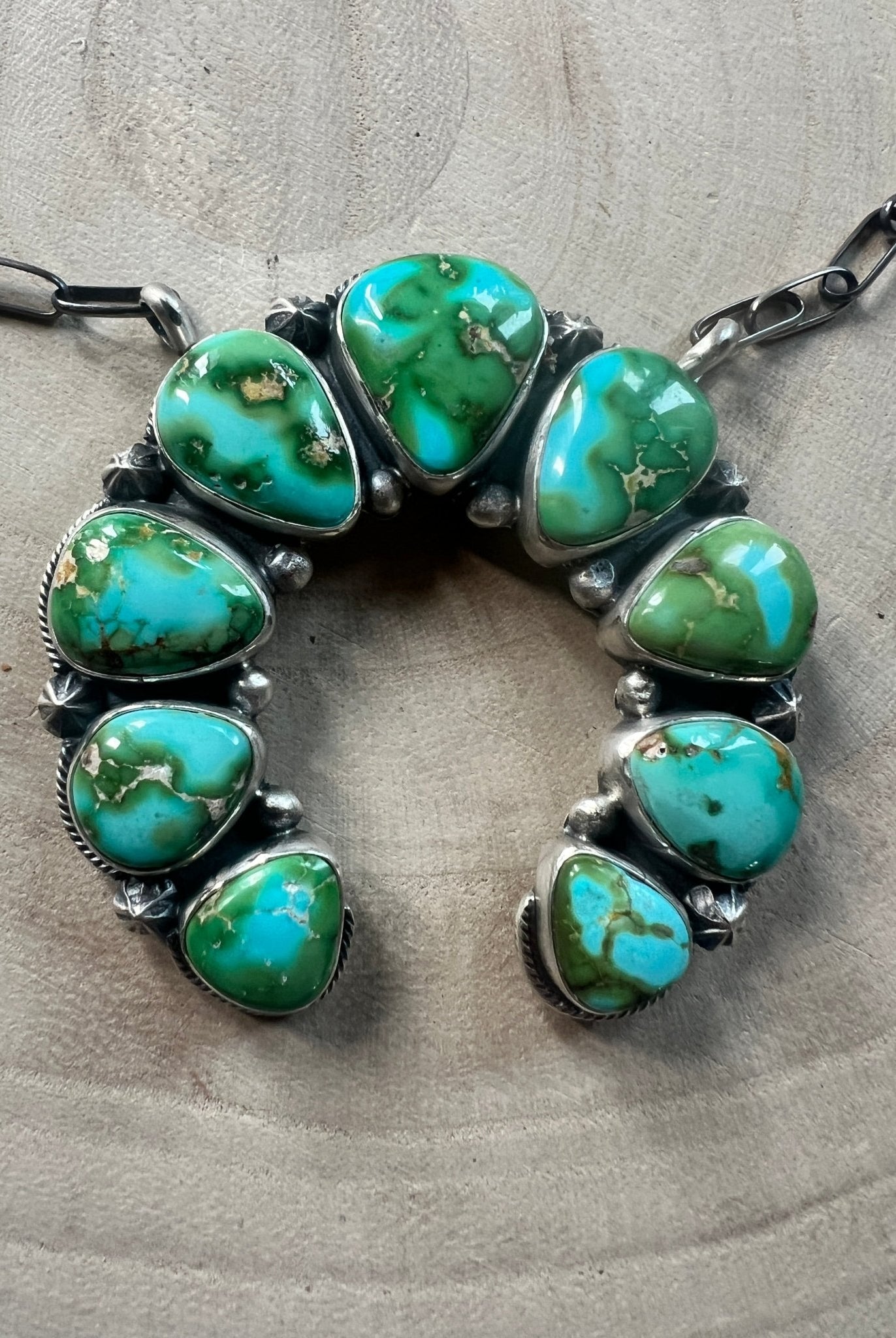 Darrin Livingston Navajo Naja Pendant Sterling Silver Necklace — 18" Chain with Sonoran Mountain Turquoise (2" × 2" Naja, Hallmarked, Heirloom Flagship) - Cowhide and Conchos