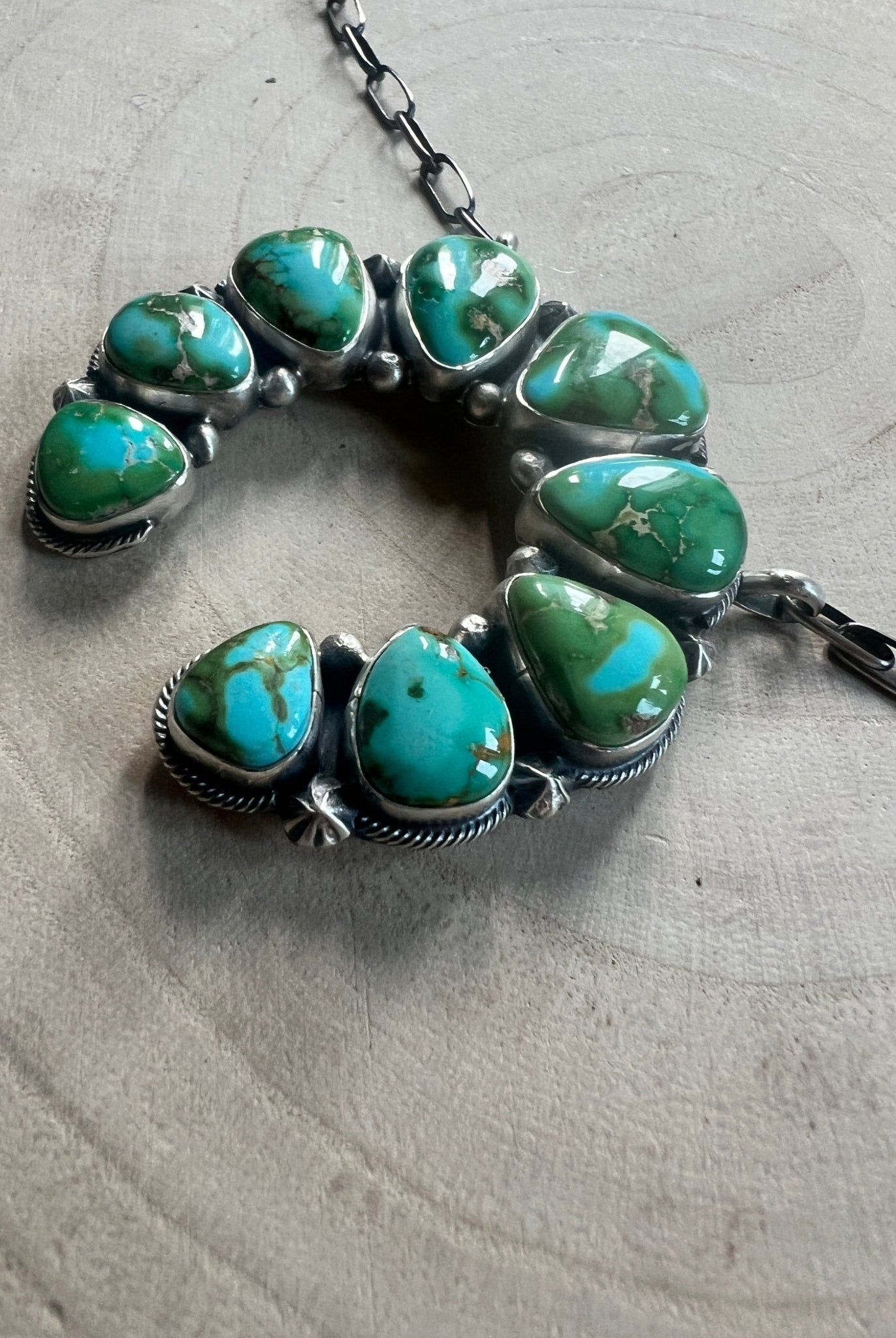Darrin Livingston Navajo Naja Pendant Sterling Silver Necklace — 18" Chain with Sonoran Mountain Turquoise (2" × 2" Naja, Hallmarked, Heirloom Flagship) - Cowhide and Conchos