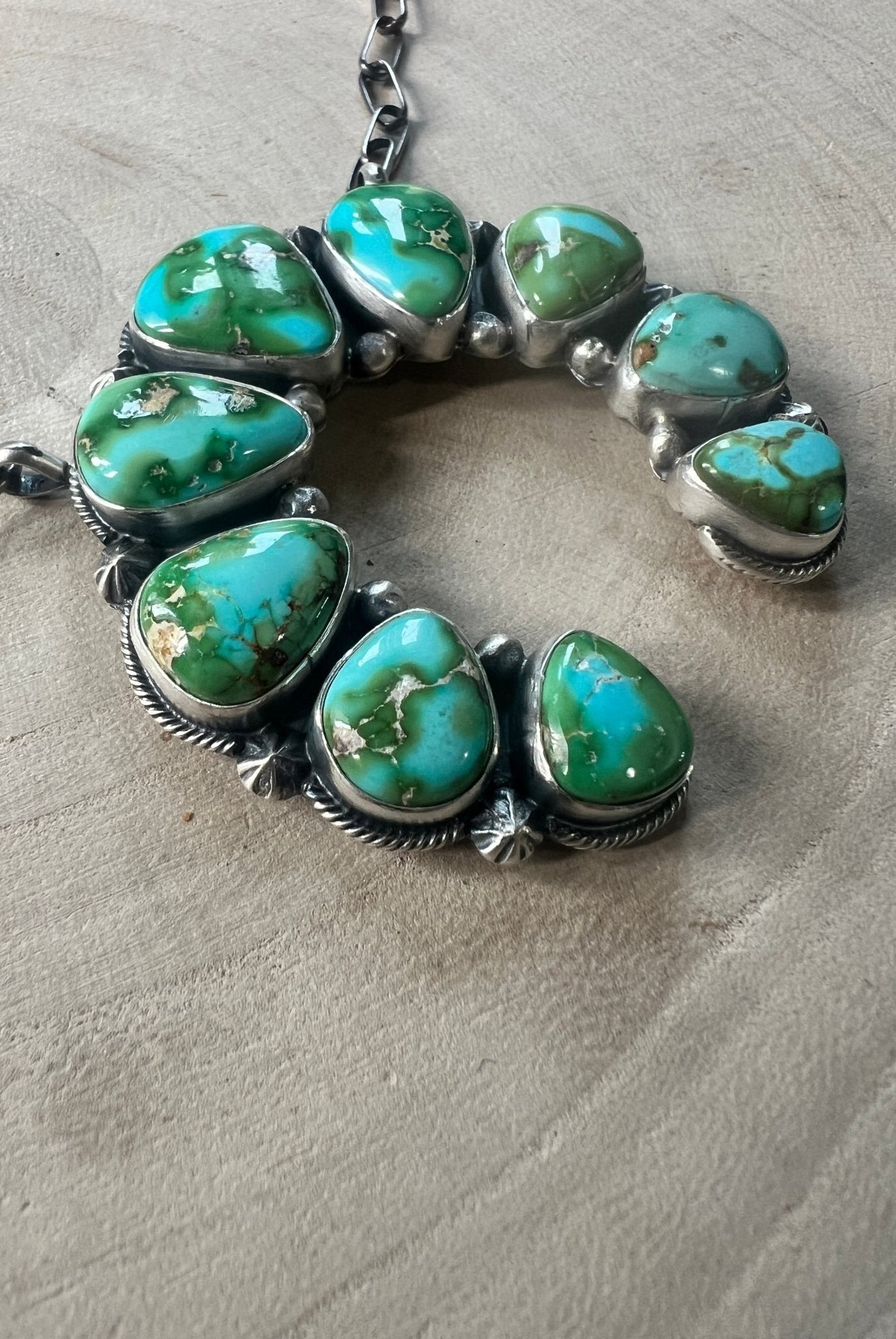 Darrin Livingston Navajo Naja Pendant Sterling Silver Necklace — 18" Chain with Sonoran Mountain Turquoise (2" × 2" Naja, Hallmarked, Heirloom Flagship) - Cowhide and Conchos