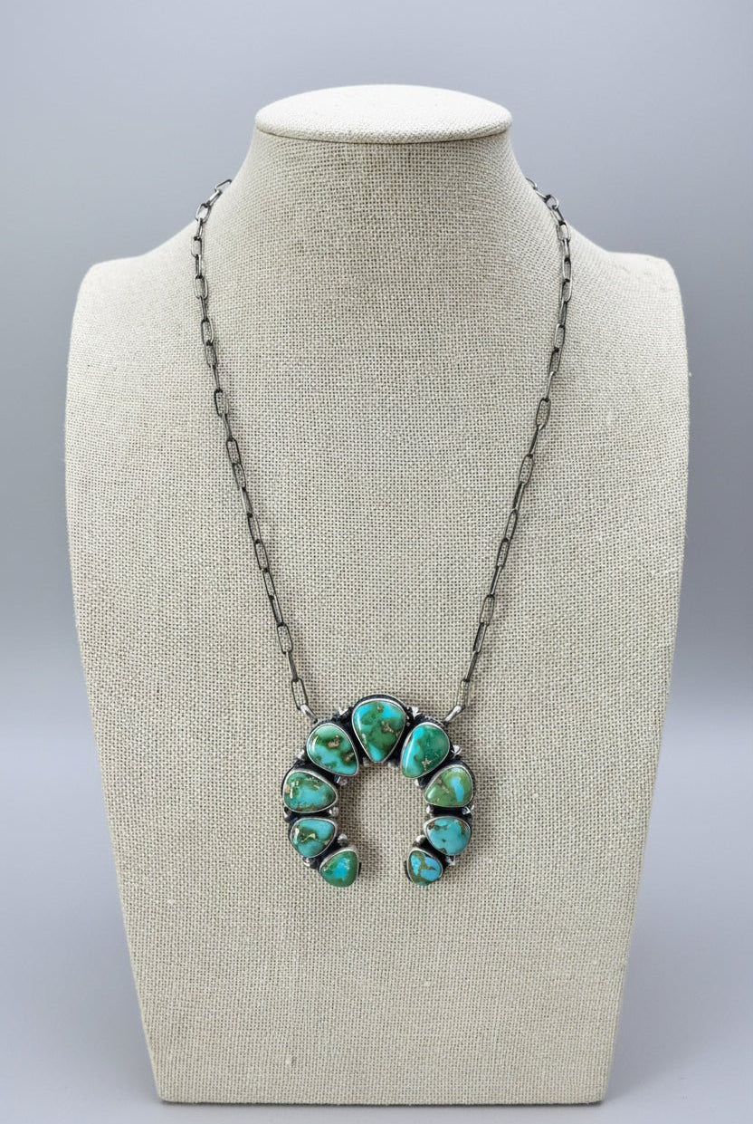 Darrin Livingston Navajo Naja Pendant Sterling Silver Necklace — 18" Chain with Sonoran Mountain Turquoise (2" × 2" Naja, Hallmarked, Heirloom Flagship) - Cowhide and Conchos