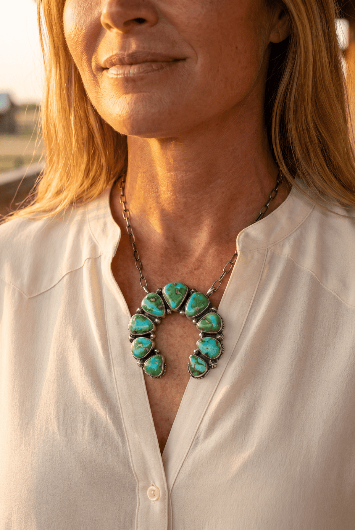 Darrin Livingston Navajo Naja Pendant Sterling Silver Necklace — 18" Chain with Sonoran Mountain Turquoise (2" × 2" Naja, Hallmarked, Heirloom Flagship) - Cowhide and Conchos