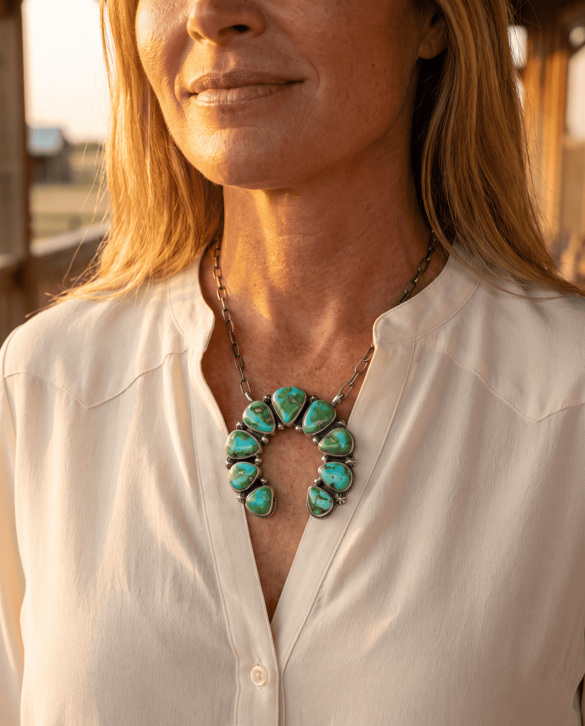 Darrin Livingston Navajo Naja Pendant Sterling Silver Necklace — 18" Chain with Sonoran Mountain Turquoise (2" × 2" Naja, Hallmarked, Heirloom Flagship) - Cowhide and Conchos