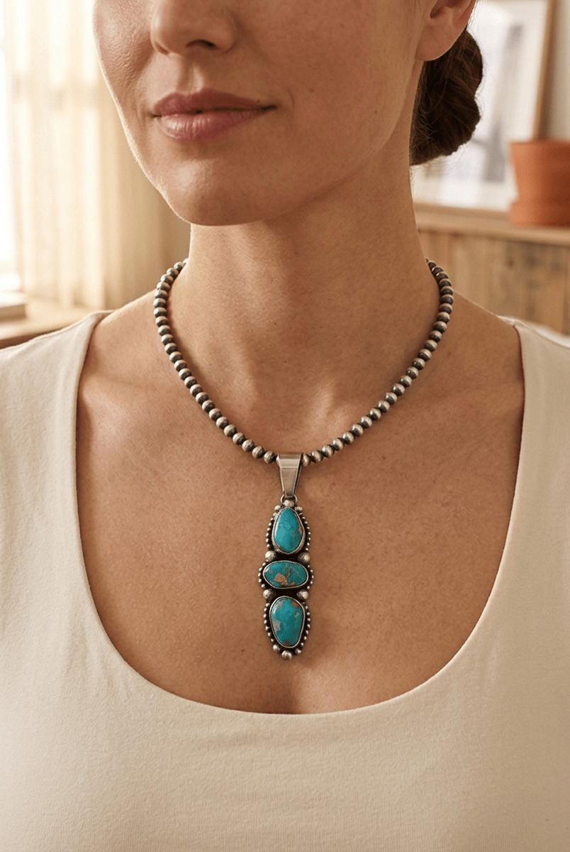 Darrin Livingston Navajo Sterling Silver Pendant with Natural Royston Turquoise — 3" × 3/4" (Hallmark) - Cowhide and Conchos