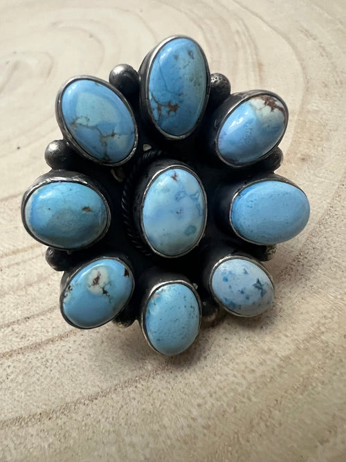 Dave Skeets Golden Hills Cluster Wide Band Ring - Size 8 - Cowhide and Conchos
