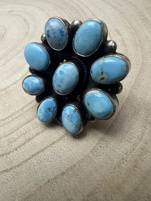 Dave Skeets Golden Hills Cluster Wide Band Ring - Size 8 - Cowhide and Conchos
