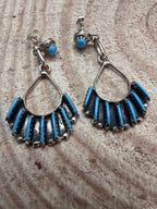 Davis Kaamasee Zuni Handmade Sterling and Kingman Turquoise Dangle Earrings - Cowhide and Conchos