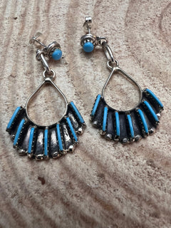 Davis Kaamasee Zuni Handmade Sterling and Kingman Turquoise Dangle Earrings - Cowhide and Conchos