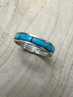 Debbie Livingston Navajo Handmade S/S Kingman Turquoise Ring - Sizes 7, 8, and 8.5 - Cowhide and Conchos