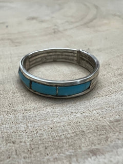 Debbie Livingston Navajo Handmade S/S Kingman Turquoise Ring - Sizes 7, 8, and 8.5 - Cowhide and Conchos