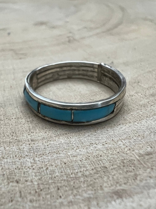 Debbie Livingston Navajo Handmade S/S Kingman Turquoise Ring - Sizes 7, 8, and 8.5 - Cowhide and Conchos