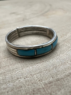Debbie Livingston Navajo Handmade S/S Kingman Turquoise Ring - Sizes 7, 8, and 8.5 - Cowhide and Conchos