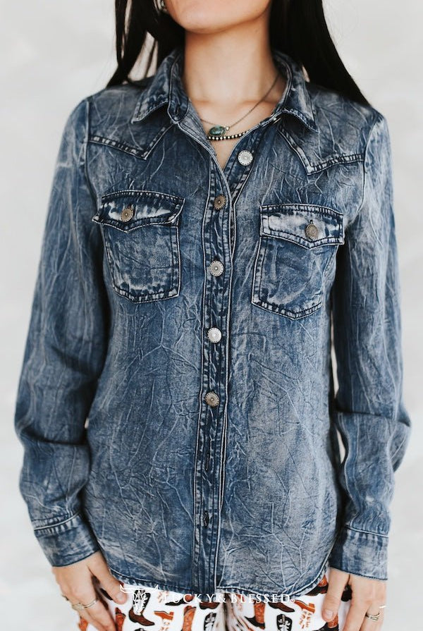 Denim Blue Washed Concho Button Down Western Tencel Shirt - Cowhide and Conchos