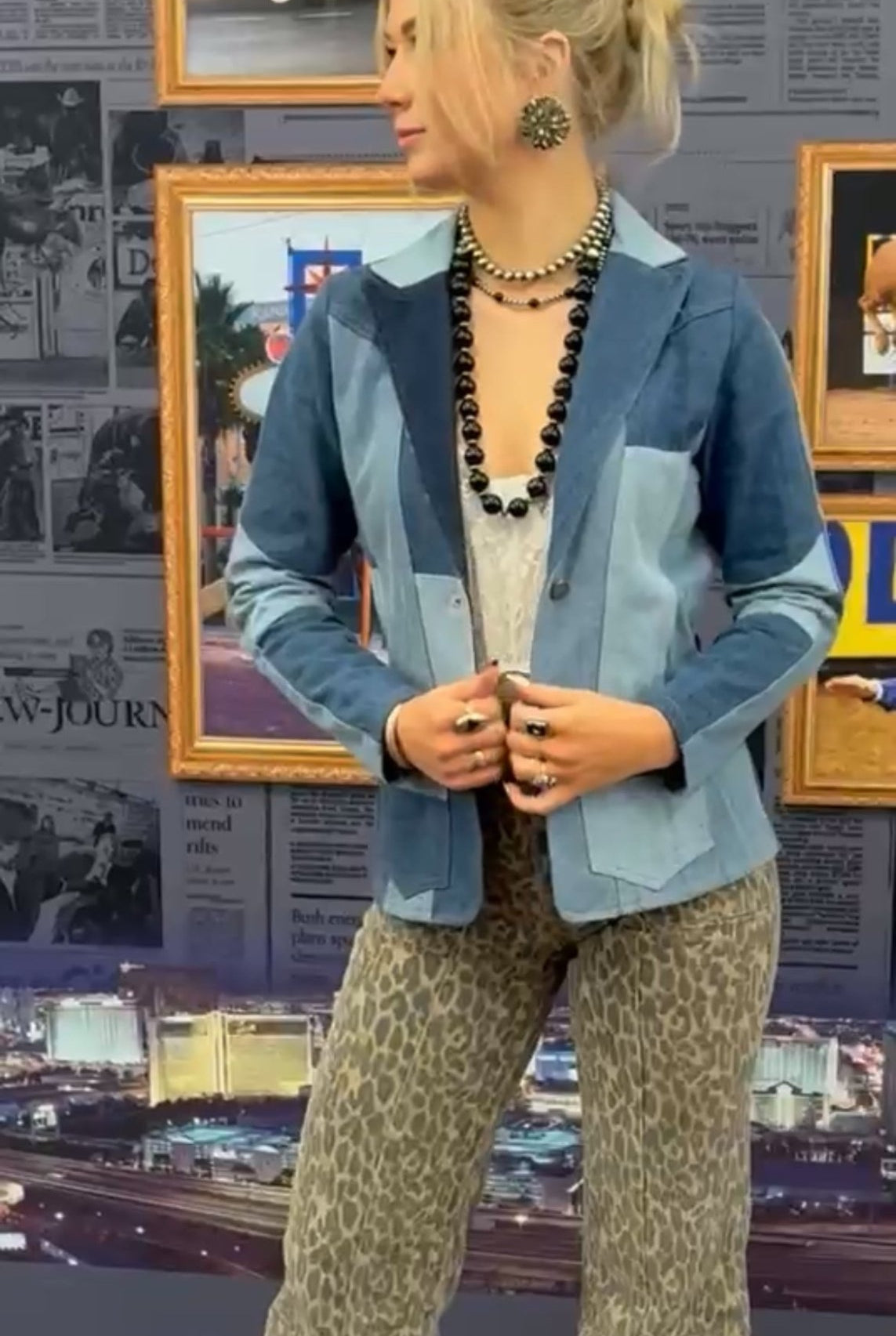 Denim Patchwork Blazer with Front Pockets - Cowhide and Conchos