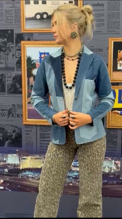 Denim Patchwork Blazer with Front Pockets - Cowhide and Conchos