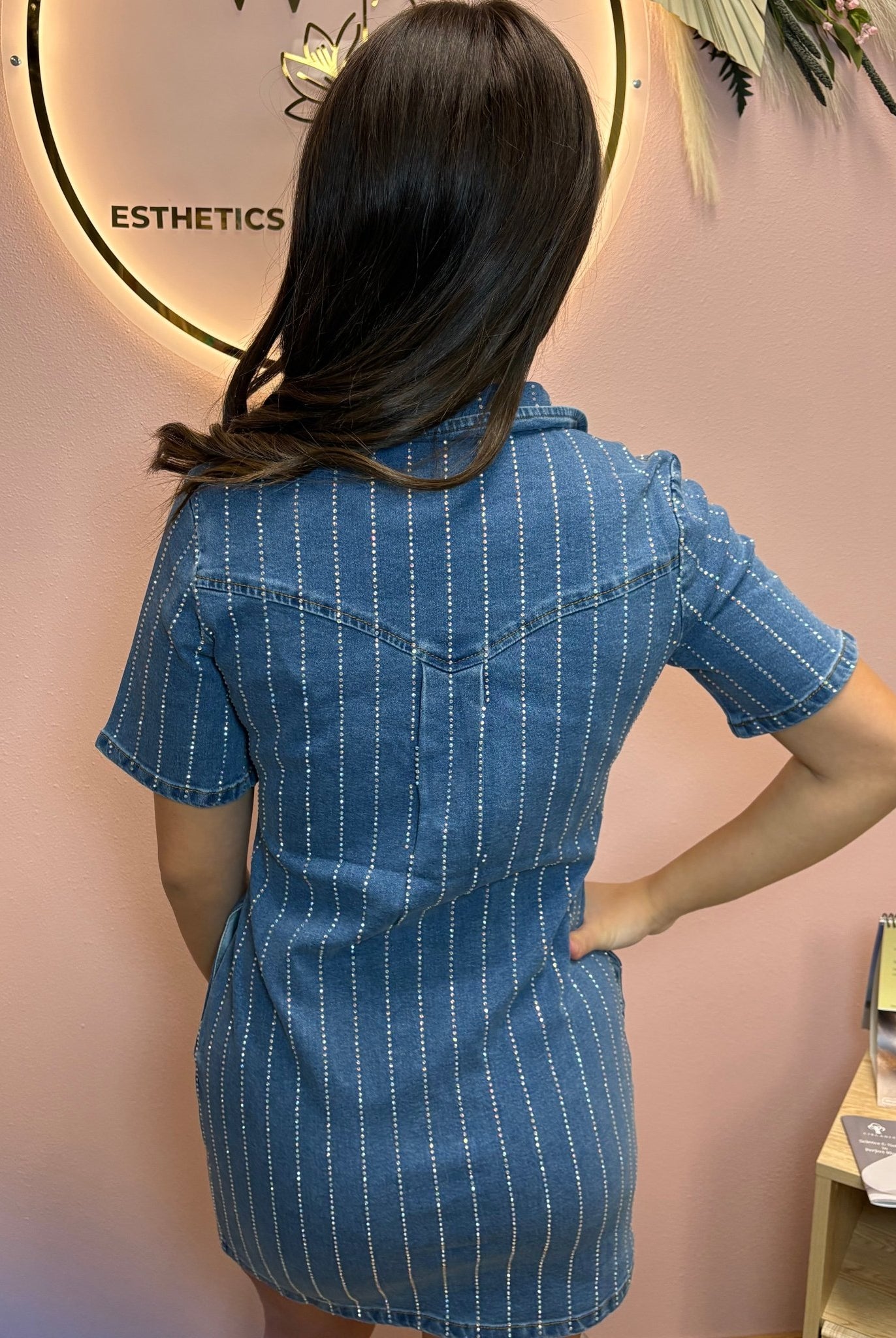 Denim Rhinestone Striped Detailed Collared Dress - Cowhide and Conchos