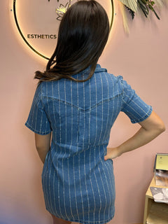 Denim Rhinestone Striped Detailed Collared Dress - Cowhide and Conchos