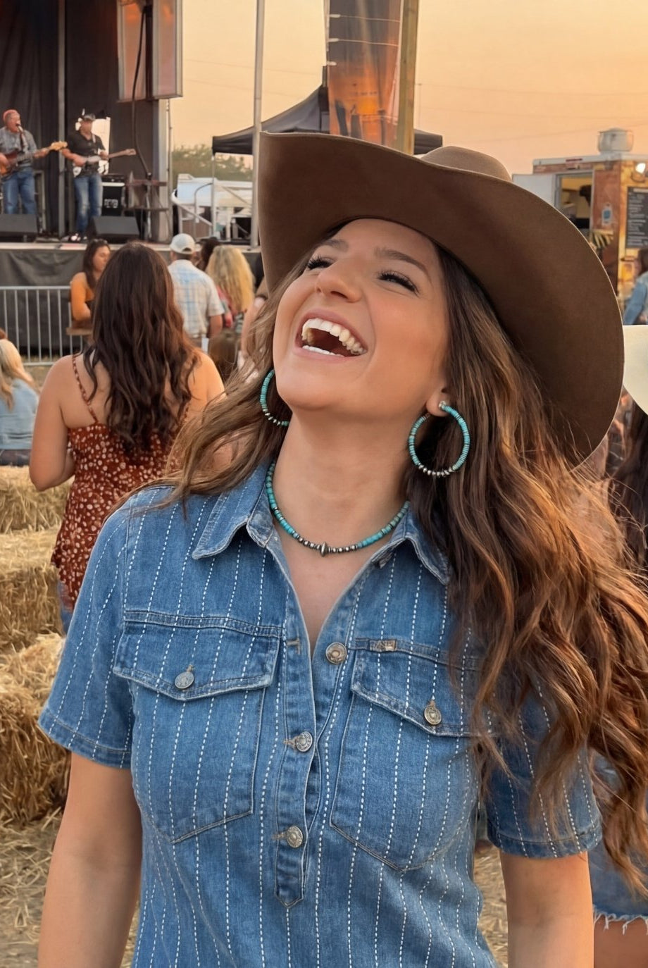 Denim Rhinestone Striped Detailed Collared Dress - Cowhide and Conchos
