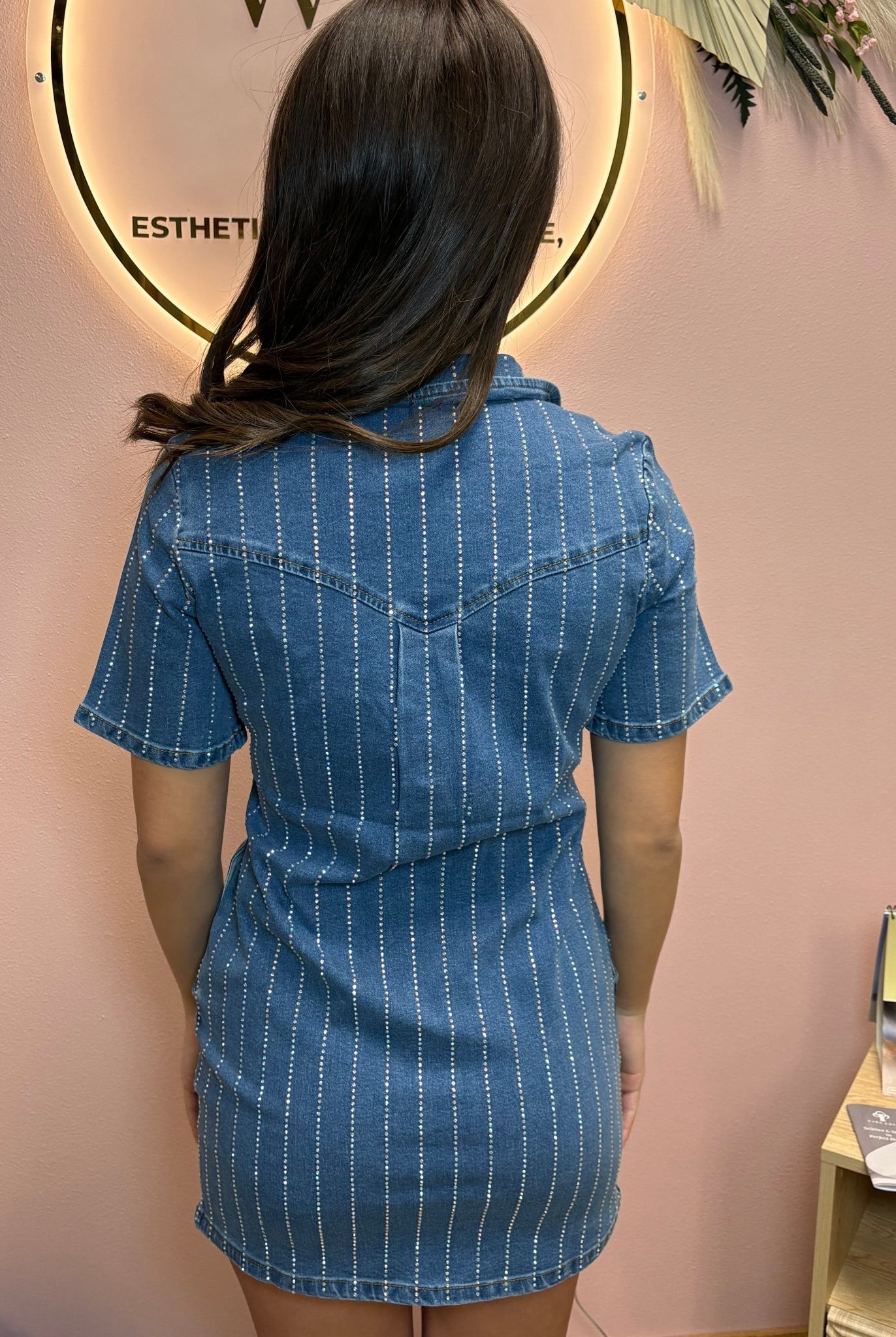 Denim Rhinestone Striped Detailed Collared Dress - Cowhide and Conchos