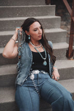 Denim Vest with Lace Up Sides - Cowhide and Conchos