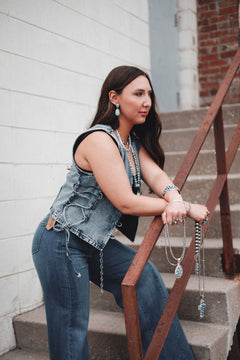 Denim Vest with Lace Up Sides - Cowhide and Conchos