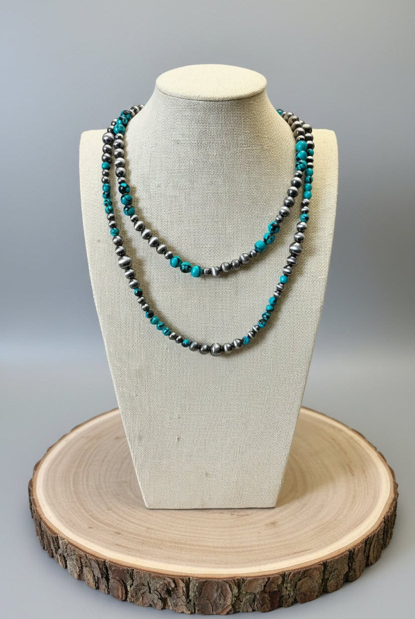 Desert Dream: Layered Western Fashion Pearl & Faux Turquoise Necklace Set (18" & 22") - Cowhide and Conchos