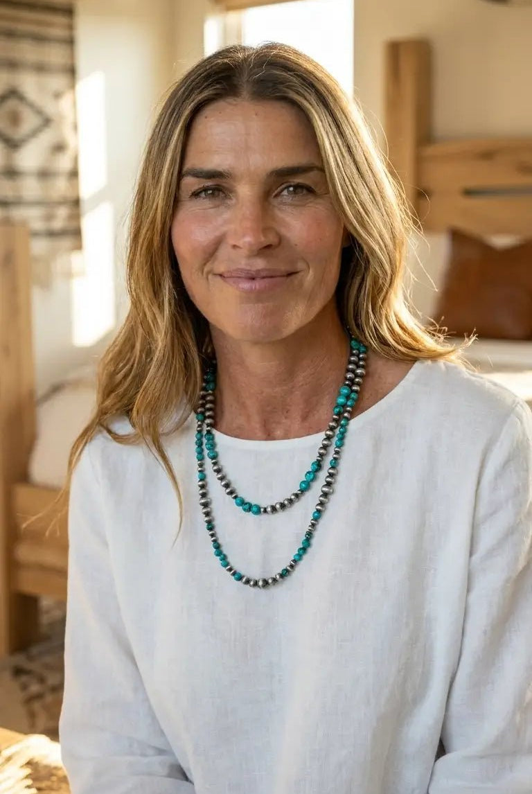 Desert Dream Western Layered Necklace Set — Faux Pearl & Turquoise (18" & 22") - Cowhide and Conchos