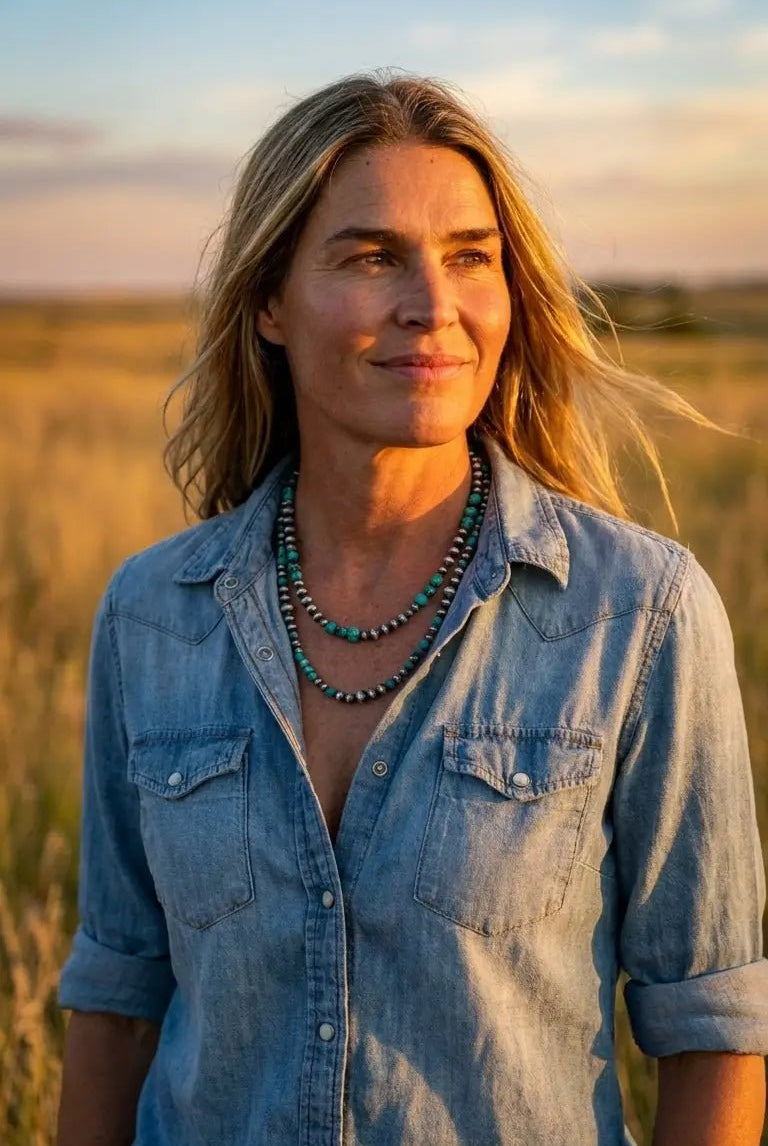 Desert Dream Western Layered Necklace Set — Faux Pearl & Turquoise (18" & 22") - Cowhide and Conchos