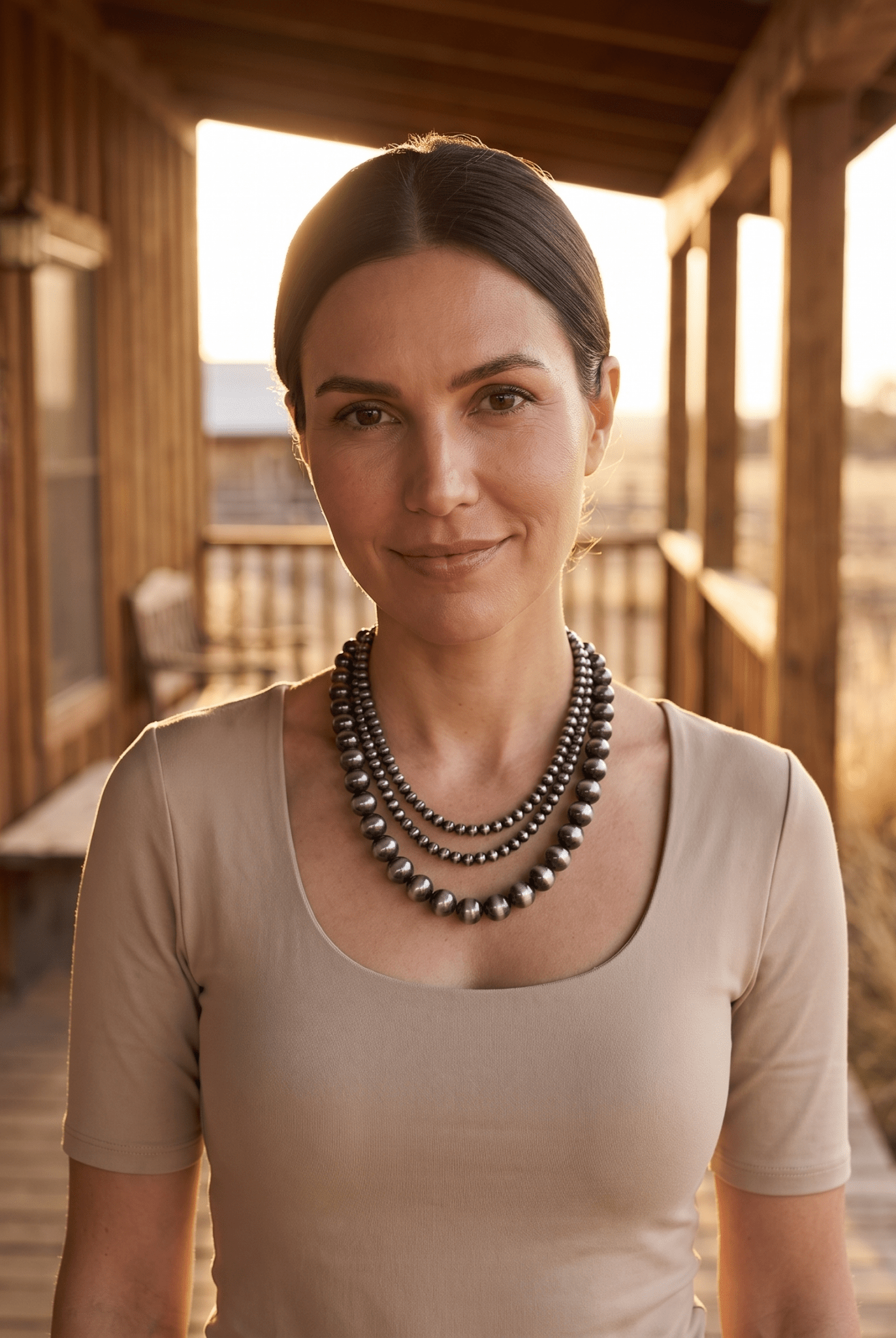 Desert Dreamer 3-Strand Western Faux Sterling Pearl Necklace — Single-Clasp Layered Look - Cowhide and Conchos