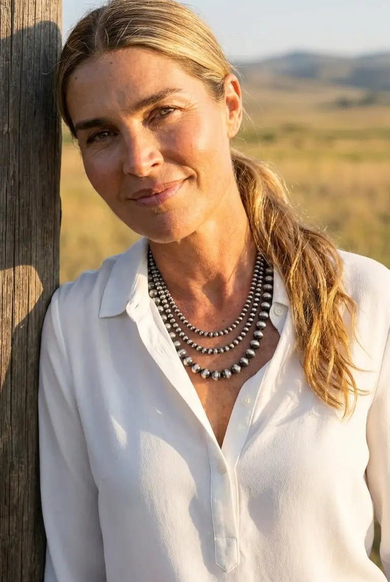 Desert Dreamer 3-Strand Western Faux Sterling Pearl Necklace — Single-Clasp Layered Look - Cowhide and Conchos