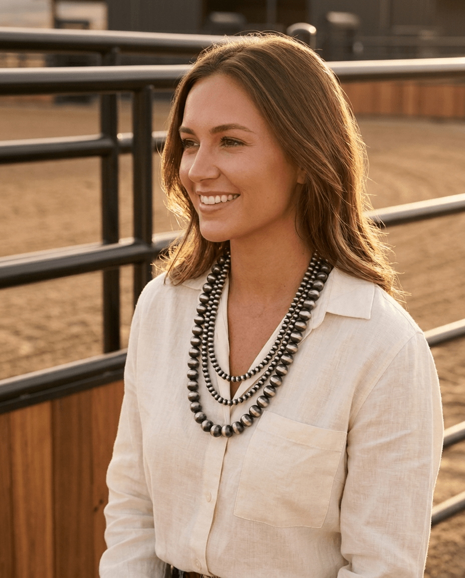 Desert Dreamer 3-Strand Western Faux Sterling Pearl Necklace — Single-Clasp Layered Look - Cowhide and Conchos