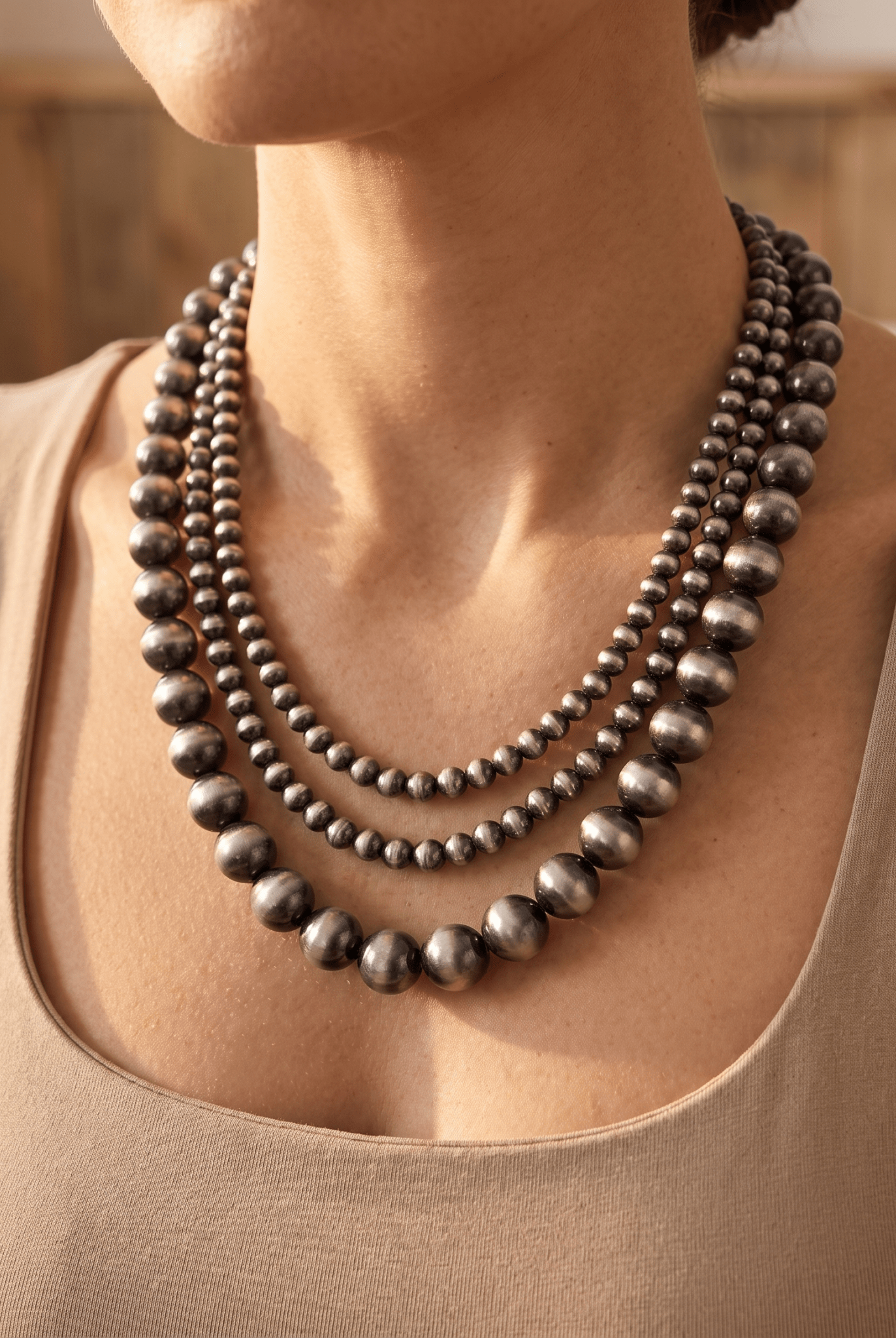 Desert Dreamer 3-Strand Western Faux Sterling Pearl Necklace — Single-Clasp Layered Look - Cowhide and Conchos