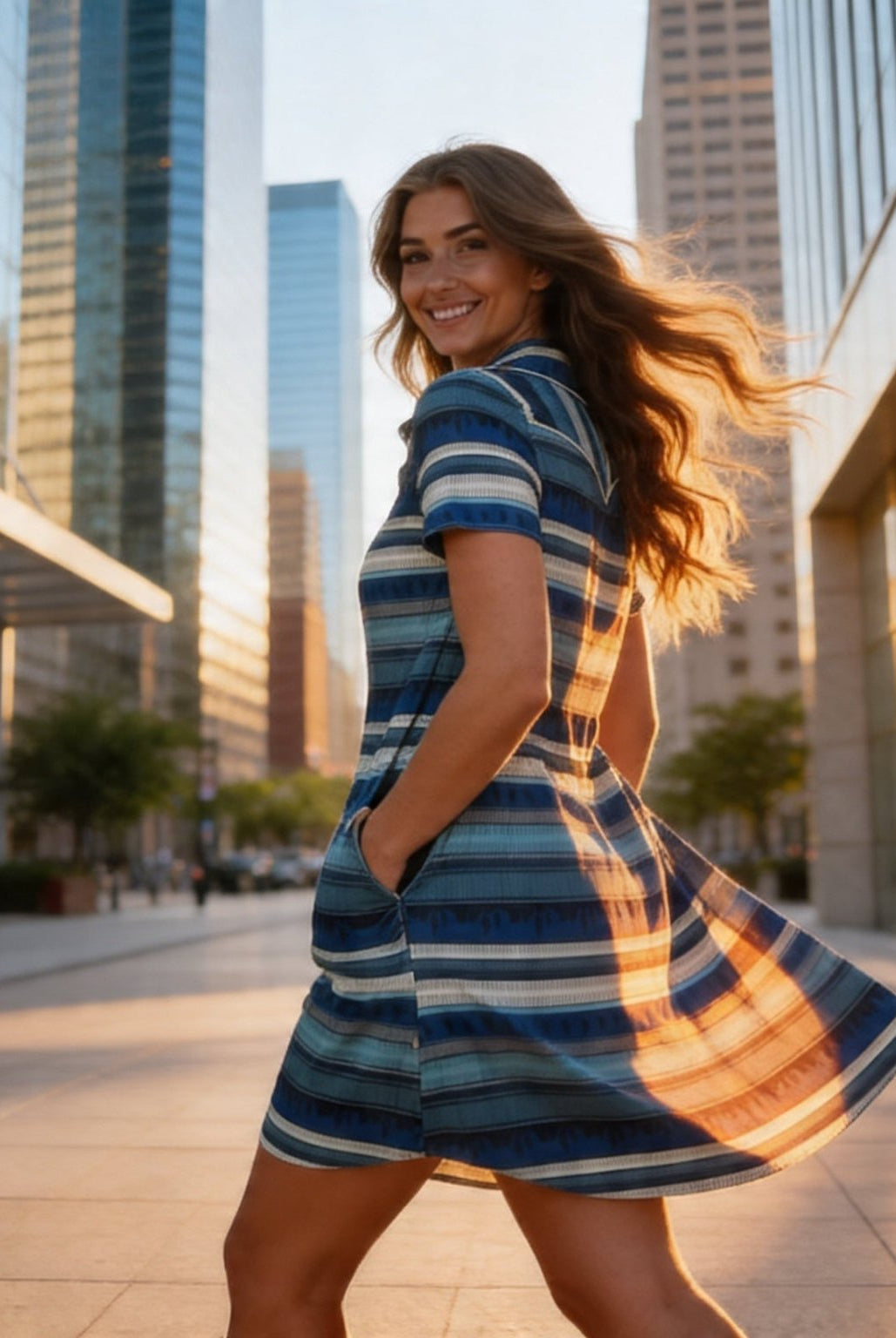 Desert Horizon Blue Serape Western Polo Dress with Pockets - Cowhide and Conchos