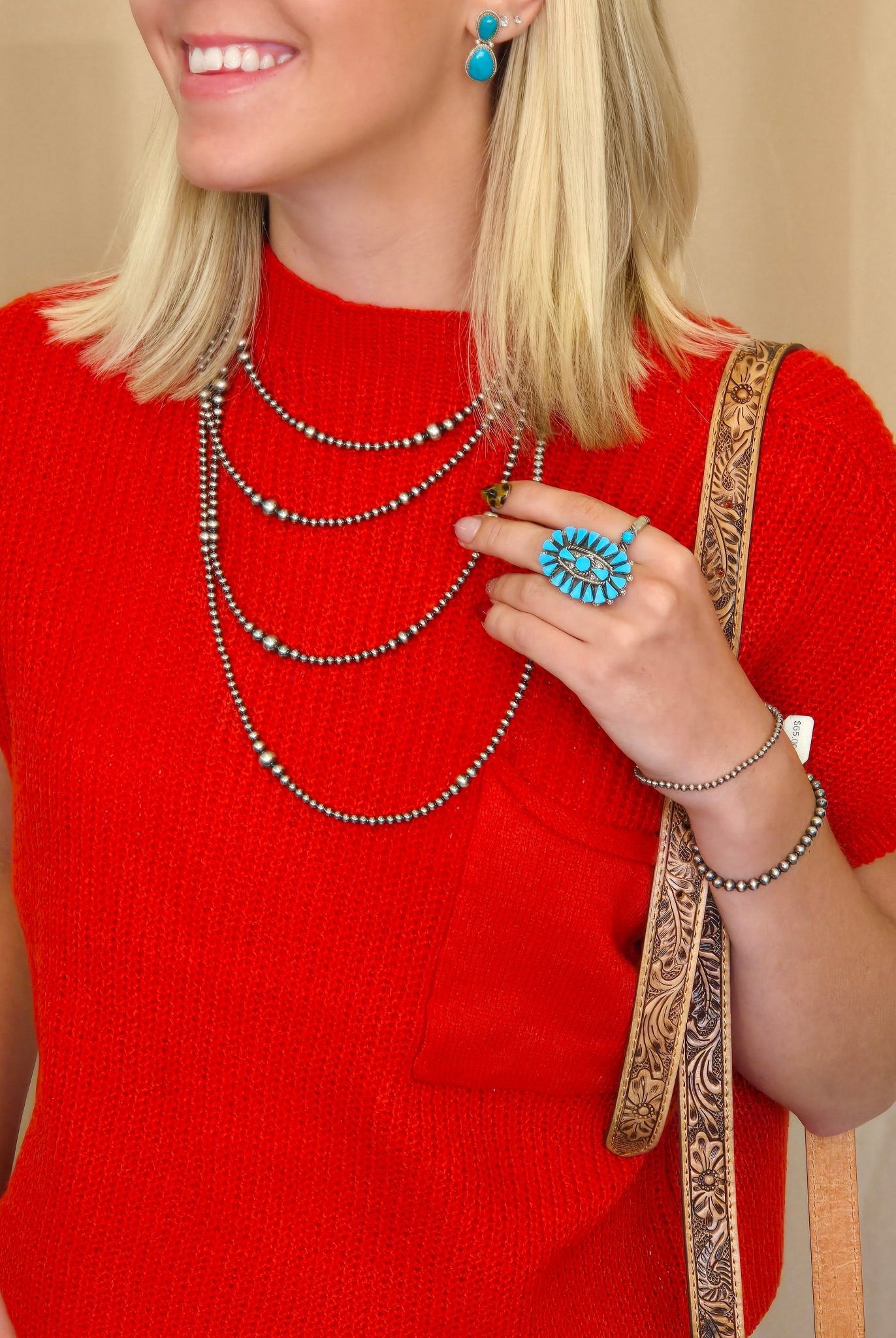 Devils Tower Ribbed Sweater Top - Red, Cream, Taupe, and Black - Cowhide and Conchos