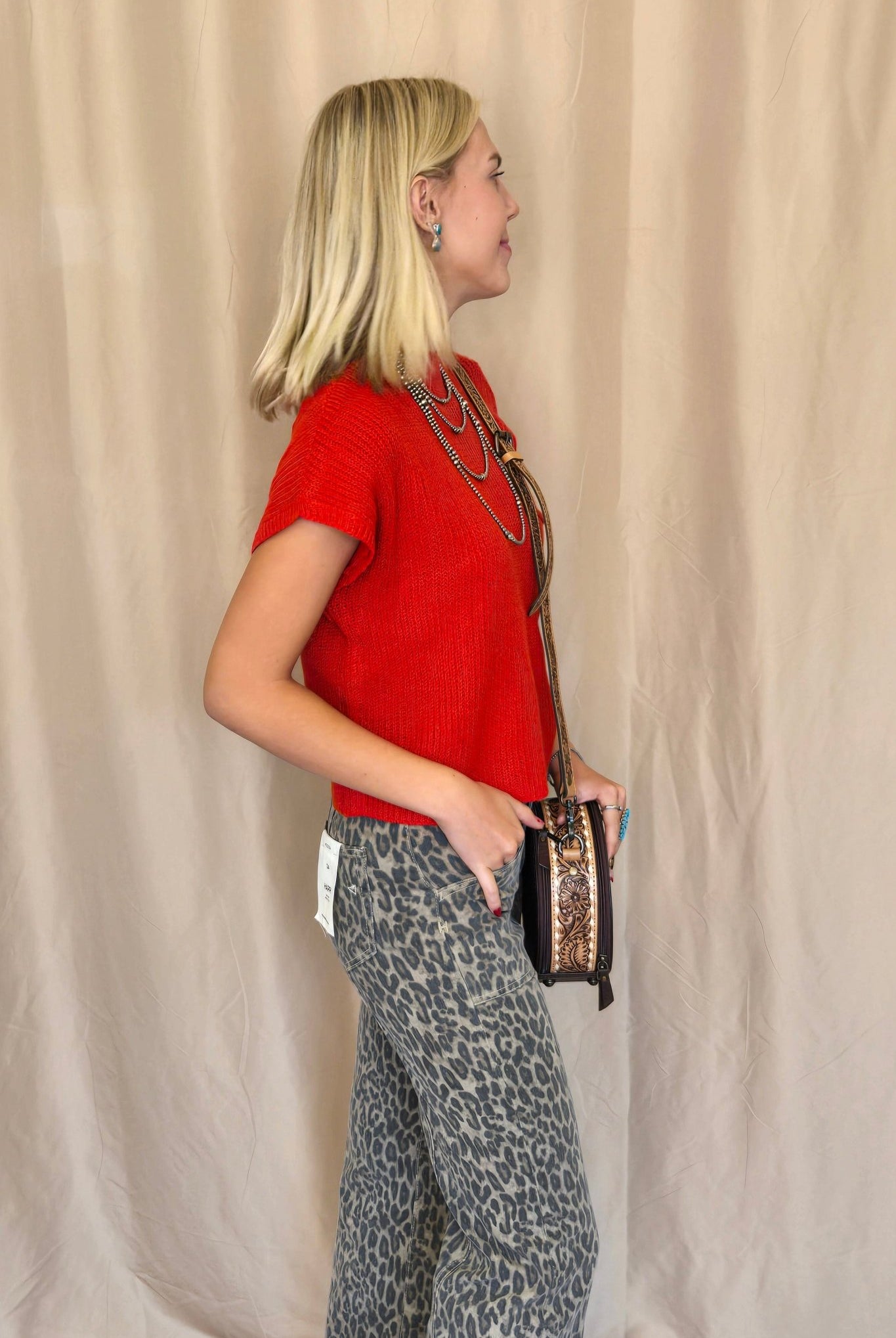 Devils Tower Ribbed Sweater Top - Red, Cream, Taupe, and Black - Cowhide and Conchos