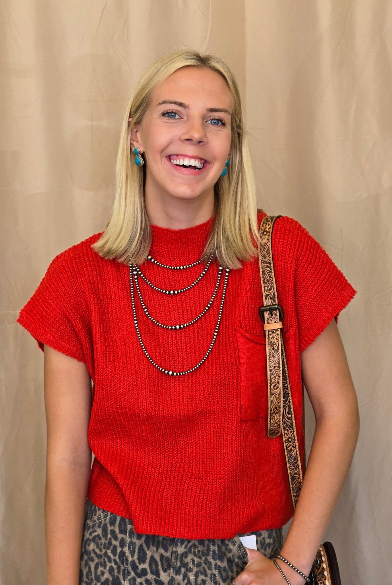 Devils Tower Ribbed Sweater Top - Red, Cream, Taupe, and Black - Cowhide and Conchos
