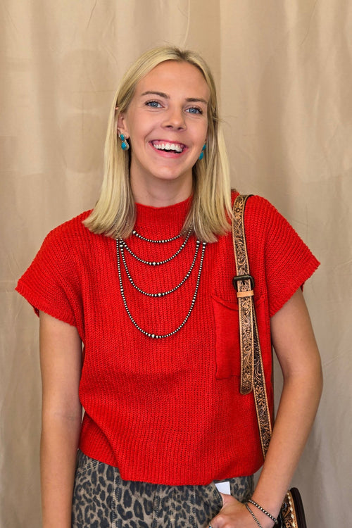 Devils Tower Ribbed Sweater Top - Red, Cream, Taupe, and Black - Cowhide and Conchos