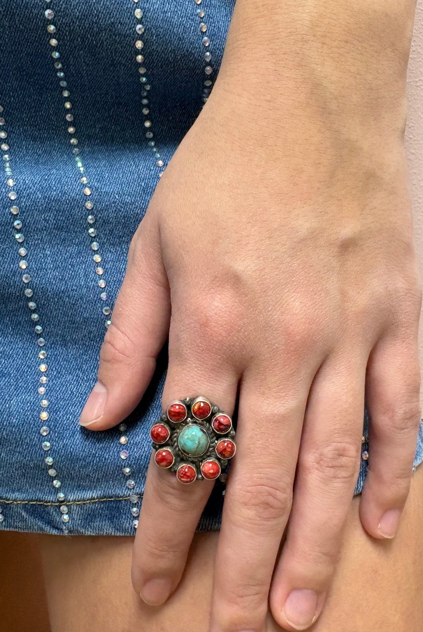 Devin Brown Navajo Handmade Sterling Silver Coral/Turquoise Adjustable Ring - Size 7.5 - 9 - Cowhide and Conchos