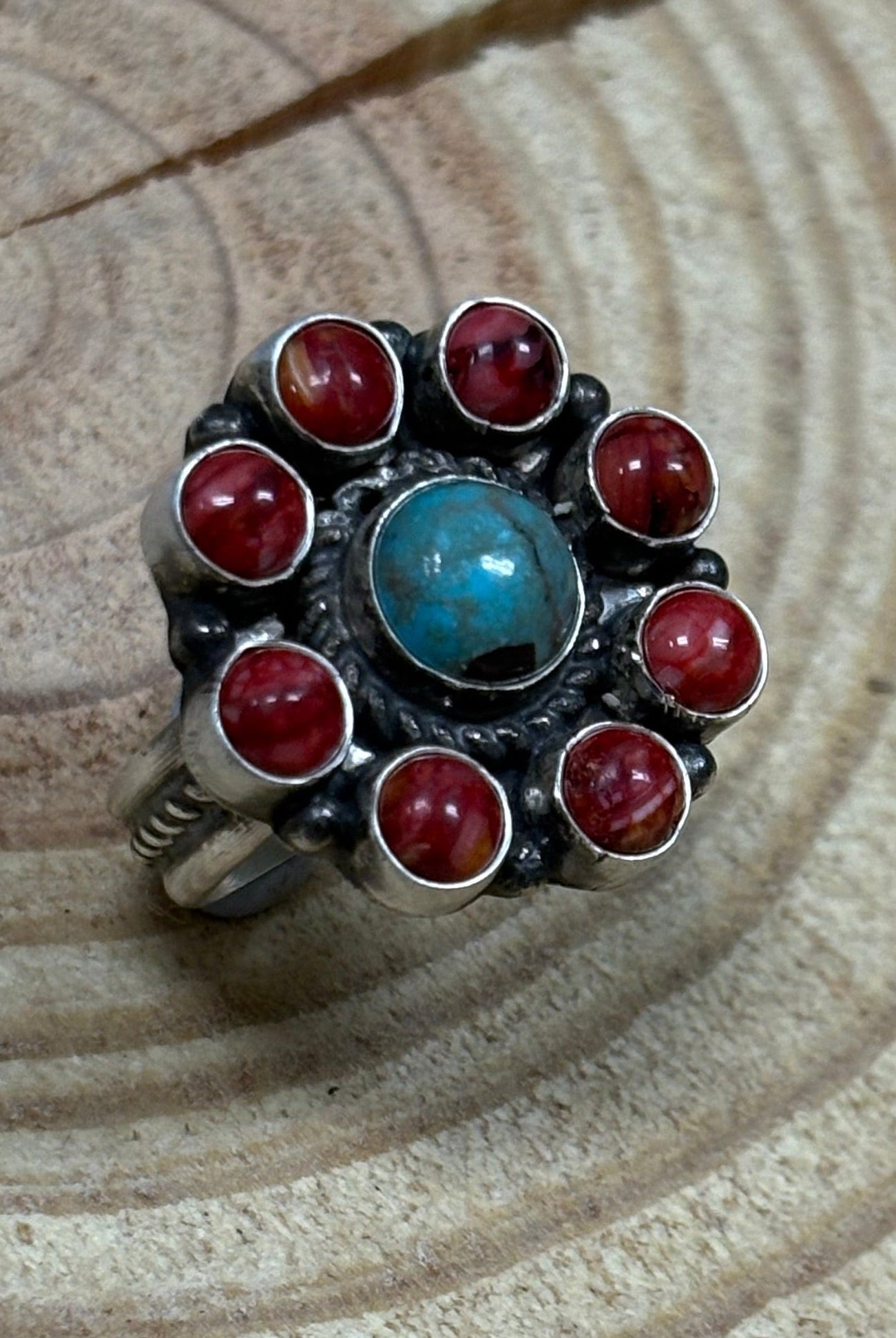 Devin Brown Navajo Handmade Sterling Silver Coral/Turquoise Adjustable Ring - Size 7.5 - 9 - Cowhide and Conchos