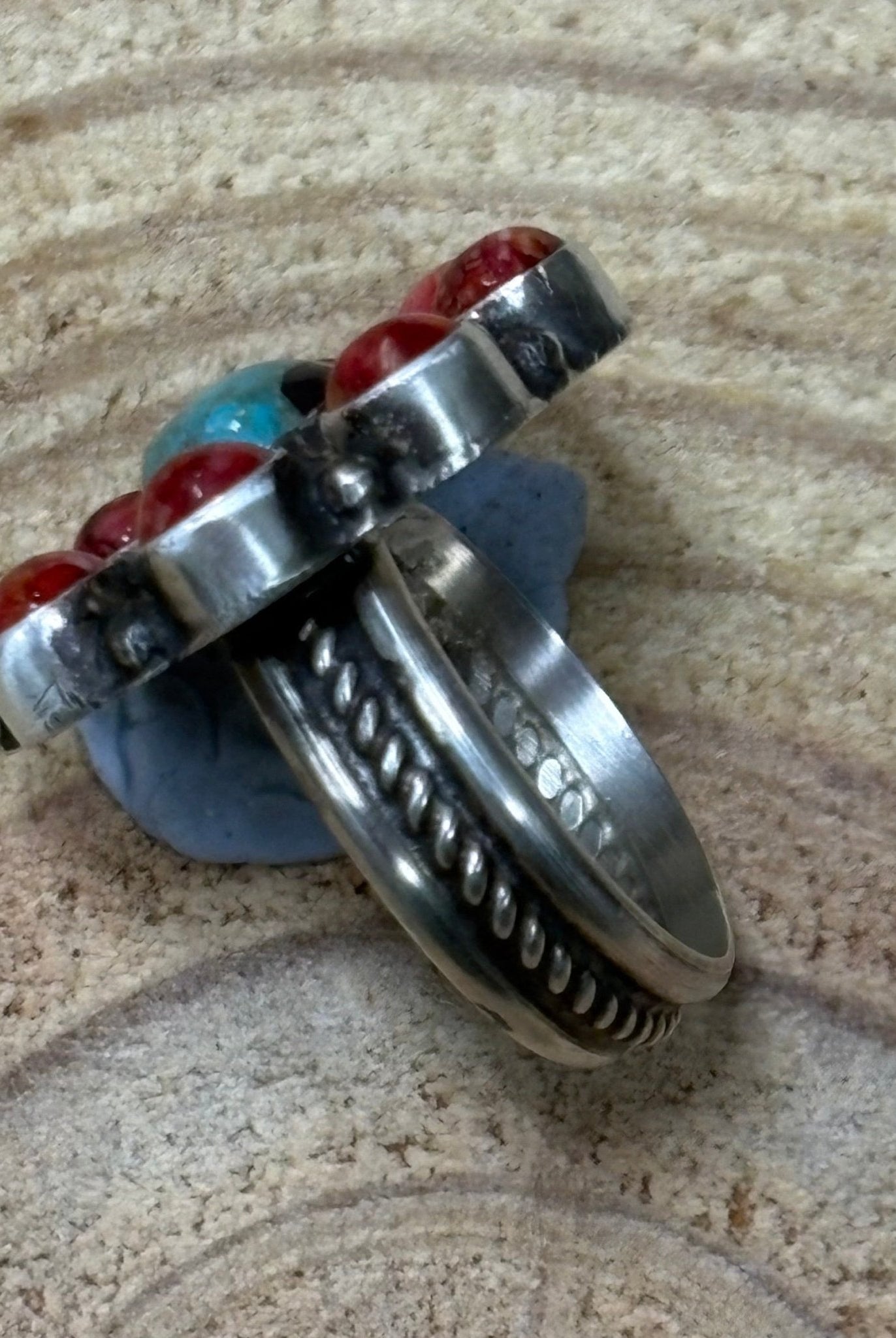 Devin Brown Navajo Handmade Sterling Silver Coral/Turquoise Adjustable Ring - Size 7.5 - 9 - Cowhide and Conchos