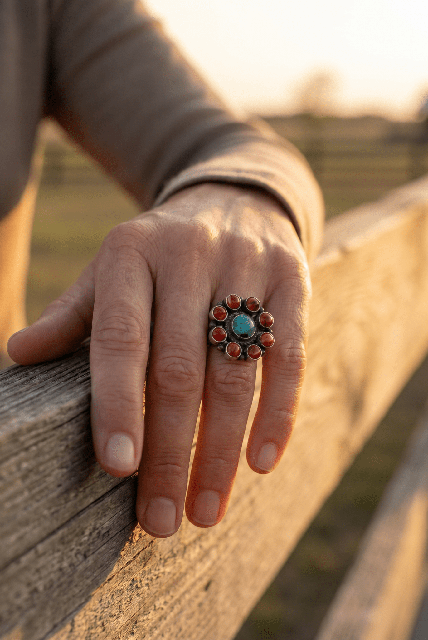 Devin Brown Navajo Sterling Silver Coral & Turquoise Adjustable Ring — Size 7.5–9 - Cowhide and Conchos