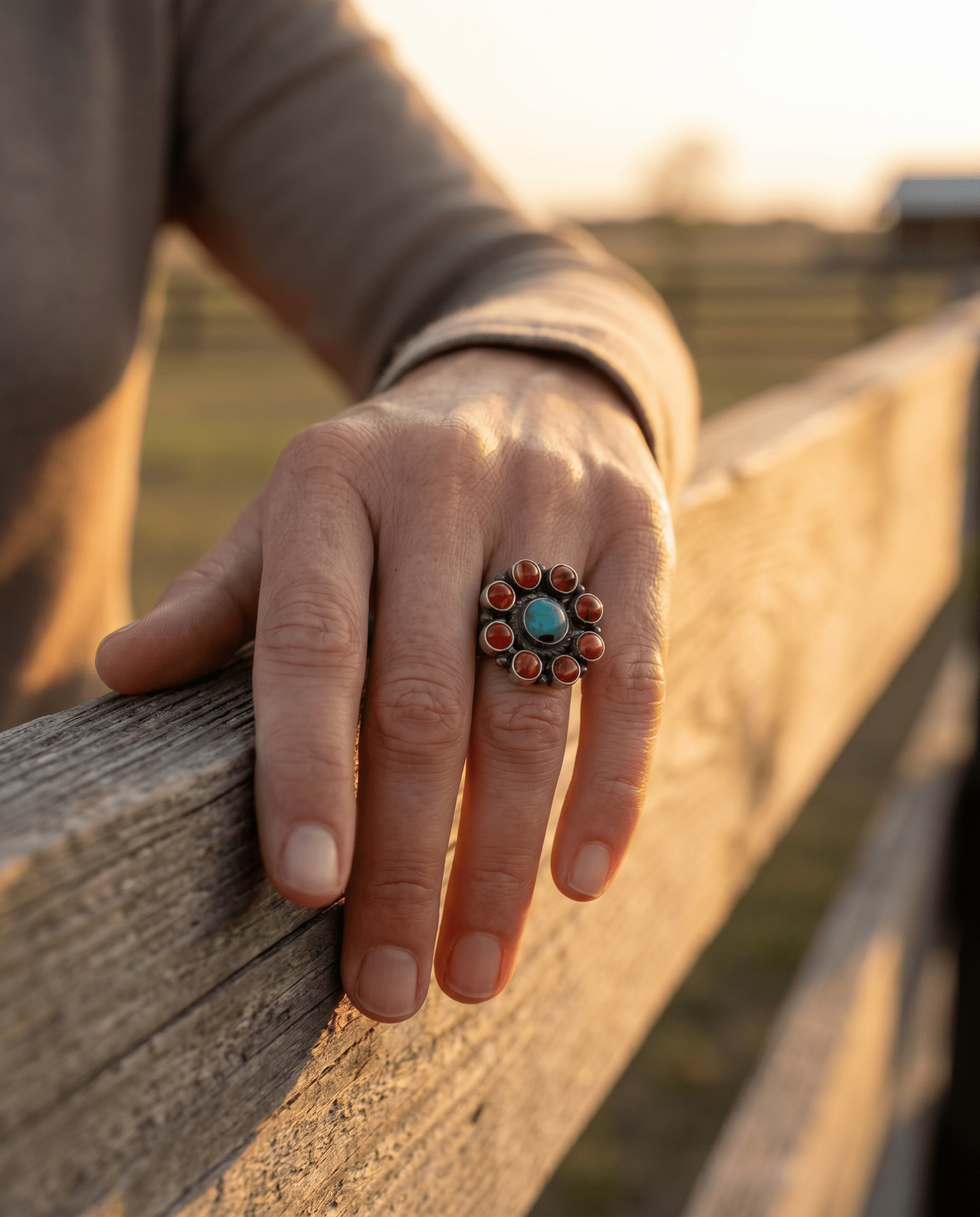 Devin Brown Navajo Sterling Silver Coral & Turquoise Adjustable Ring — Size 7.5–9 - Cowhide and Conchos