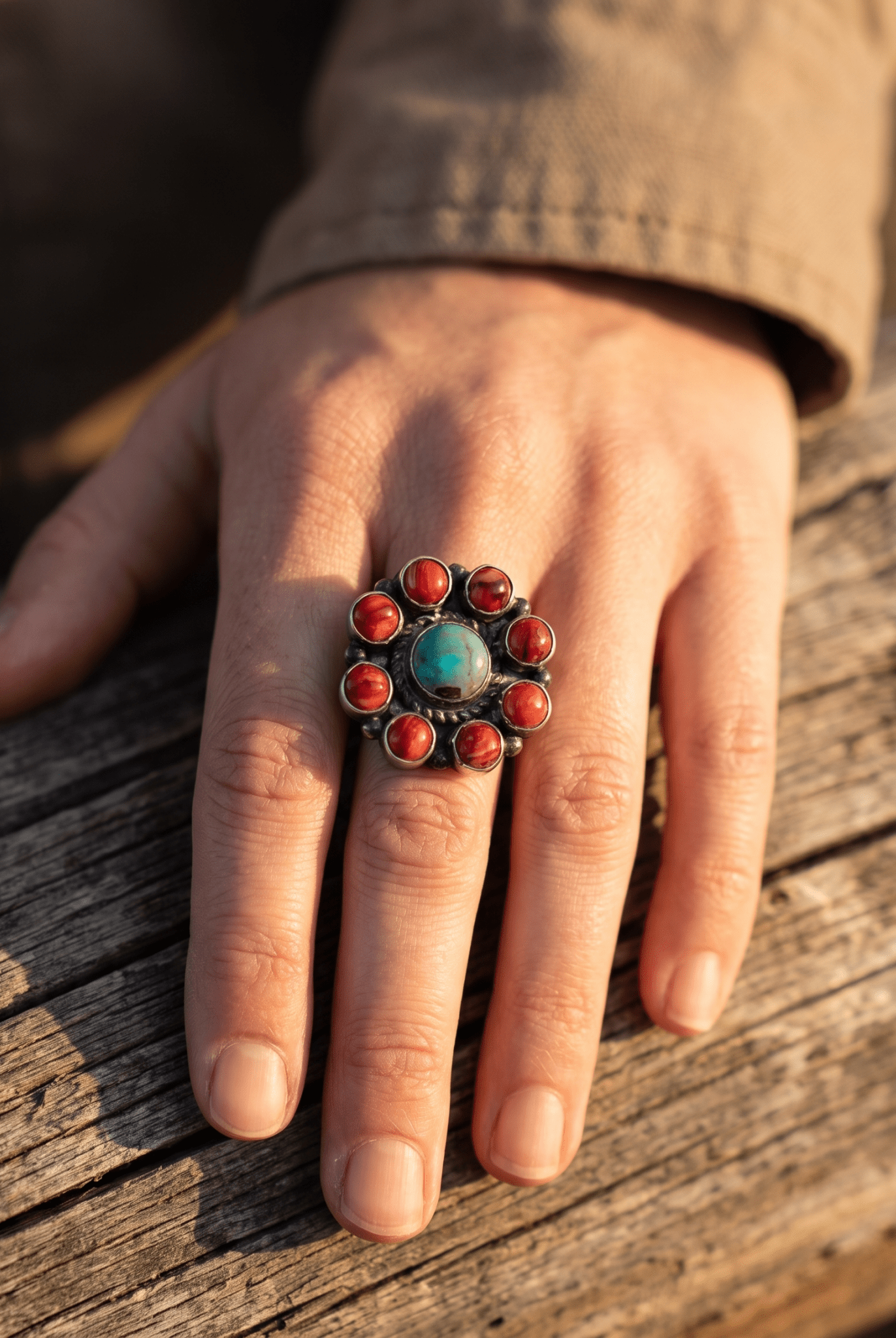 Devin Brown Navajo Sterling Silver Coral & Turquoise Adjustable Ring — Size 7.5–9 - Cowhide and Conchos