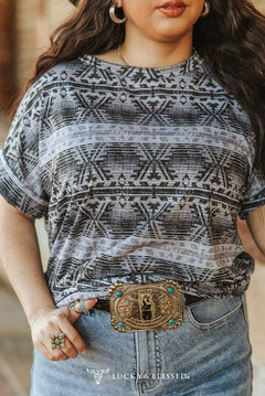 Distressed Black Aztec Cuffled Rolled Short Sleeve Top - Cowhide and Conchos